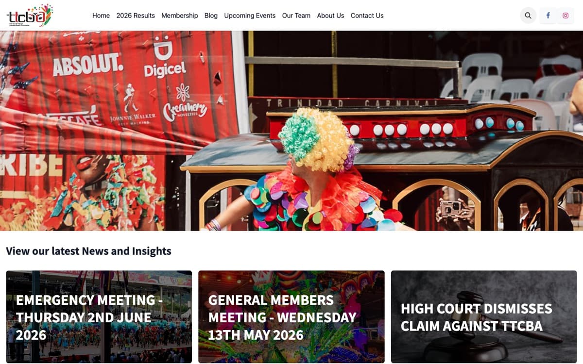 Screenshot of the Trinidad and Tobago Carnival Bands Association website
